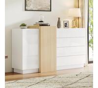Seyakany Aparador blanco brillante, con 2 puertas y 4 cajones, mueble de comedor moderno con espacio de almacenamiento, mueble de almacenamiento moderno, color madera minimalista, 150 x 37,5 x 87