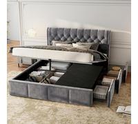Seyakany - Cama 140 x 190 con somier de láminas, cama de 140 x 190 con 3 cajones, marco de cama para 1 personas con almacenamiento, tapizado, terciopelo, gris