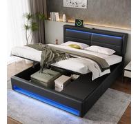 Seyakany - Cama de 180 x 200 cm, con somier de láminas con puerto USB y LED, 180 x 200 cm, con 3 cajones, marco de cama para 2 personas con almacenamiento, tapizado, adulto, diseño de PU Litchi, sin