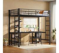 Seyakany - Cama entrepiso de 90 x 200, con mesa y estantes, con escalera lateral, con barrera anticaída, cama entrepiso infantil, apta para niños y adolescentes, hierro + MDF, negro