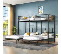 Seyakany - Cama infantil triple 3 x 90 x 200 cm, litera triple con escalera e guardaespaldas y mesa pequeña, con rejilla anticaída, metal marco de cama para niños y adolescentes, sin colchón, negro