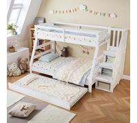 Seyakany Litera con cama nido de 90 x 190, cama infantil 90/120 x 200 cm con armario de escalera y mano corriente, con barrera de seguridad en todos los lados, pino + MDF, sin colchón, color blanco