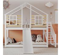 Seyakany Litera de madera 90x200 cm con escalera y barandilla, cama tobogán infantil con ventana, cama infantil cabaña de troncos con protección contra caídas, color blanco