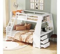 Seyakany litera infantil 90 x 200 cm + 140 x 200 cm, cama infantil, con tres cajones y escritorio, con soporte de almacenamiento, gran espacio de almacenamiento, guardarropa alto, blanco