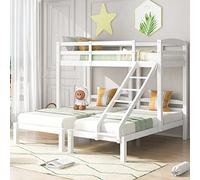 Seyakany - Litera triple 90 x 200 cm, madera cama triple con escalera lateral y protección anticaída, con somier de láminas de madera, marco de cama tres personas para niños y adolescentes, color