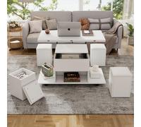 Seyakany - Mesa baja elevable multifuncional con 4 taburetes, la bandeja se puede abrir para formar 2 tablas, mesa baja moderna 100 x 50 x 48 cm, color blanco