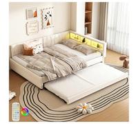 Seyakany Sofá cama 140 x 200 cm con baúl de almacenamiento de noche, con USB + tipo C e iluminación de ambiente LED, con cama nido 90 x 190, somier 140 x 200 (sin colchón), lino, beige