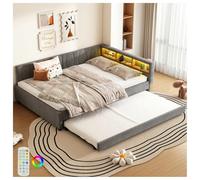 Seyakany Sofá cama 140 x 200 cm con baúl de almacenamiento de noche, con USB + tipo C e iluminación de ambiente LED, con cama nido 90 x 190, somier 140 x 200 (sin colchón), lino, gris