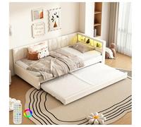 Seyakany Sofá cama 90 x 200 cm con baúl de almacenamiento de noche, con USB + tipo C e iluminación de ambiente LED, con cama nido 90 x 190, somier 90 x 200 (sin colchón), lino, beige