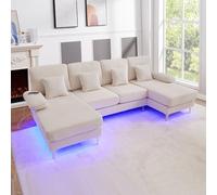 Seyakany - Sofá esquinero con LED y puerto USB-C, sofá modular ergonómico de 4 plazas de alta gama, sofá en forma de U con 4 cojines, sofá seccional, estructura de madera maciza, terciopelo, beige