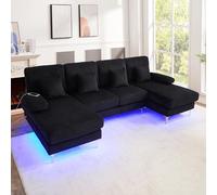 Seyakany - Sofá esquinero con LED y puerto USB-C, sofá modular ergonómico de 4 plazas de alta gama, sofá en forma de U con 4 cojines, sofá seccional, estructura de madera maciza, terciopelo, negro