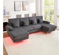 Seyakany - Sofá esquinero en forma de U con LED y puerto USB-C, ergonómico de alta gama modular de 4 plazas, sofá en forma de U con 4 cojines, estructura de madera maciza, tela de terciopelo, para