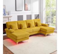 Seyakany - Sofá esquinero en forma de U con LED y puerto USB-C, ergonómico de alta gama modular de 4 plazas, sofá en forma de U con 4 cojines, estructura de madera maciza, tela de terciopelo, para