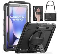 SEYMAC Funda para Samsung Galaxy Tab S10 Ultra / S9 Ultra 14.6 Pulgadas 2024/2023, Funda a Prueba de Golpes con Protector de Pantalla, Soporte Giratorio de 360 Grados, Correa para el Hombro, Negro