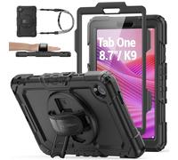 SEYMAC stock Funda para Lenovo Tab One/K9 8,7 Pulgadas 2025, Funda Resistente con Protector de Pantalla [Soporte Giratorio de 360°/Correa de Mano] Portalápices & Bandolera, Negro