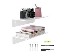 Sezanrpt Estantes de pared acrílicos de 30 cm, juego de 2 unidades, estantes flotantes blancos, estantes montados en la pared para estantes Funko Pop, marcos de fotos, reloj digital