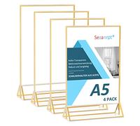 Sezanrpt Soporte acrílico A5 para letreros de borde dorado, 4 unidades, soporte vertical transparente para exhibición de menú de restaurante, números de mesa de boda, etiquetas promocionales,