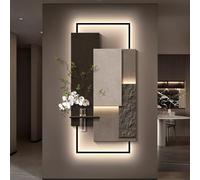 SFJATTA Arte mural 3D de arenisca con luz LED: moderna escena iluminada para recibidor o sala de estar, con jarrón de cristal y planta artificial(Brown-Grey,70 * 140cm)