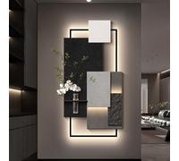 SFJATTA Arte mural 3D de arenisca con luz LED: moderna escena iluminada para recibidor o sala de estar, con jarrón de cristal y planta artificial(Black-Grey A,60 * 120cm)