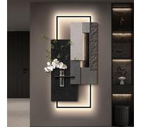 SFJATTA Arte mural 3D de arenisca con luz LED: moderna escena iluminada para recibidor o sala de estar, con jarrón de cristal y planta artificial(Black-Grey,50 * 100cm)