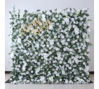 Sfondo da parete con fiori di seta realistici 5D “Rosa bianca e foglie verdi” - Pannello floreale artificiale ad alta densità per archi nuziali decorazioni scenografiche per feste