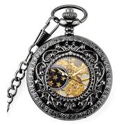 SFQEVHRZ Reloj de Bolsillo， Reloj con números Romanos mecánicos esqueléticos Antiguos, Colgante con Cadena(Schwarz)