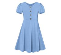 SFreeBo Vestidos para niñas de 12 a 13 años de algodón Azul Informales Elegantes Midi de Fiesta de Verano con Mangas Farol y Manga Corta