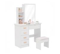 SFTYEI Tocador con taburete, 128 x 80 x 35 cm, blanco cálido | 5 cajones, 3 compartimentos abiertos, compartimentos ocultos, asiento acolchado, espejo, MDF, resistente al agua