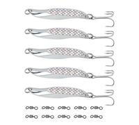 SG Store 5 señuelos de pesca de mar de metal plateado de 65 mm, anzuelos triples con 10 pivotes de fundición para lubina, caballa, trucha, pez azul, lucio, salmón, 21 g