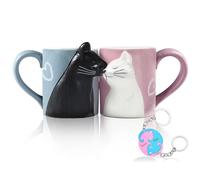 SGerste Divertido juego de tazas de té de cerámica para novia y novio, taza de café a juego con diseño de gato y beso para parejas, hecha a mano