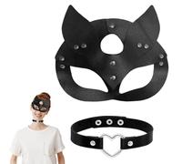 SGERUFZ Máscara y Collar de Cat, Set de PU-Cuero, Black Mystique Ideal para Halloween, Carnaval, Fiestas de Disfraces, Juegos de Rol y Actividades para Adultos