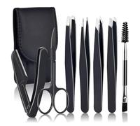 SGERUFZ Set de 7 Pinzas de Precisión para Mujeres con Estuche de Viaje - Pinzas de Acero Inoxidable para Cejas, Tijeras y Navaja para Vello Encarnado (Negro)