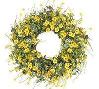Sggvecsy Corona de Margaritas Amarillas de 24 Pulgadas, Corona de Primavera de Verano, Corona Floral de Seda Falsa con Hojas de eucalipto Verde para Puerta Delantera, Ventana, Pared, decoración de