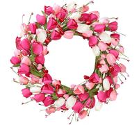 Sggvecsy Corona de tulipanes de 20 pulgadas para puerta delantera, corona de flores rosas artificiales para primavera, verano, flor de seda con corazón y bayas verdes, hojas verdes para regalos,