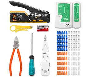 SGILE RJ45 Kit Herramientas Completo de Prensado, Cat5 Cat6 Cat7 Máquina Integrada Multifunción, Juego de Pruebas de Cable LAN de Mantenimiento Informático, 25 Conectores CAT6 y 25 Conectores CAT7