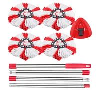 Sgizoku Recambio de Cabezal de mopa Turbo con Mango de mopa Compatible con Vileda Spin Turbo/Turbo Smart/EasyWring&Clean, 4 recambios de mopa a Rayas Rojas, 1 Base de mopa Spin,1 Palo