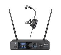 SGPRO D-333T Set Doble de Micrófono Inalámbrico para Saxofón | Set doble clip condensador, EQ y eco, alcance 262 ft, recargable, 4.5 h, sax y metales, vivo y grabación