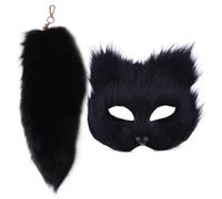 Sgqtqybk Máscara de Gato y Juego de Cola therian máscara de Peludo ＆ 16 '' Long Fox Tail Keychain Half Face Masquerade para Cosplay Fancy Party Black
