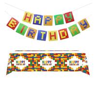 SGSCFG 1 Pieza De Pancartas De Bloques De Construcción Y 1 Pieza De Mantel, Bandera De Cumpleaños Colorida, Mantel Creativo, Decoraciones De Eventos De Fiesta.
