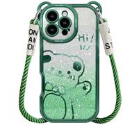 SGVAHY Funda para iPhone 15 con correa, bonito diseño de oso de dibujos animados brillante con cordón cruzado con purpurina para mujeres y niñas, funda de TPU suave a prueba de golpes para iPhone 15
