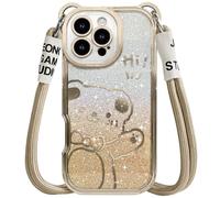 SGVAHY Funda para iPhone 15 Pro con correa, bonito diseño de oso de dibujos animados brillante con cordón cruzado con purpurina para mujeres y niñas, funda de TPU suave a prueba de golpes para iPhone