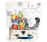 SGZIOO Canastilla Bebé Recién Nacido, Regalo Bebe Recien Nacido Niño y Niña, Cesta Bebe Recien Nacido Niño, Peleles Bebé, Calcetines, Pulsera, Sonajero de Elefante, Tarjetas Felicitación, Toallas Baño