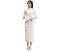SHACE Cheongsam Manga Larga para Mujer - Primavera Otoño Estilo Chino Beige Cheongsam Vestido De Encaje De Manga Larga Cómodo Floral Retro Mujeres Qipao, Blanco, M