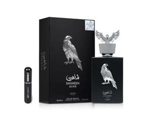 Shaheen Silver Lattafa 100 ml Eau de Parfum, Perfume Árabe Unisex de Larga Duración, Incluye Atomizador Recargable 5 ml, Fragancia Cítrica, Amaderada y Especiada Duradera (Shaheen Silver)