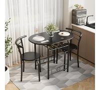 Shahoo Juego de mesa de comedor de madera de 3 piezas, juego de rincón de desayuno de cocina con 2 sillas y mesa redonda, marco de metal para ahorrar espacio y estante de vino integrado, color negro
