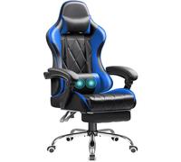 Shahoo Silla de Juego con reposapiés y Soporte Lumbar de Masaje, Asiento ergonómico para computadora de Altura Ajustable con Giro de 360° y reposacabezas, Color Azul
