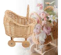 SHAIRMB Cesta De Flores con Forma De Cochecito, Cesta De Mimbre Tejida para NiñAs De Las Flores con Asa, Carrito VersáTil para Dulces Decorativos, para Bodas, Baby Showers,Beige,L