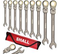 Shall Conjunto de llave de Ratcheting de cabeza flexible de 9 piezas, 72 dientes métricos 8-19mm, Cr-V construido, Chapado Níquel con bolsa de organización