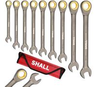 Shall Juego de Llaves de Carraca Combinadas 9 piezas, 72 dientes métricos 8-19mm, Cr-V construido, Chapado Níquel con bolsa de organización, Se utiliza para reparación de bicicletas