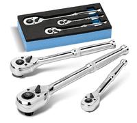 SHALL Llave de trinquete de 90 dientes, 3 piezas, liberación rápida y reversible, llave de trinquete totalmente pulida hecha de aleación de cromo, regalos para hombres, mujeres, papá, mamá (1/4